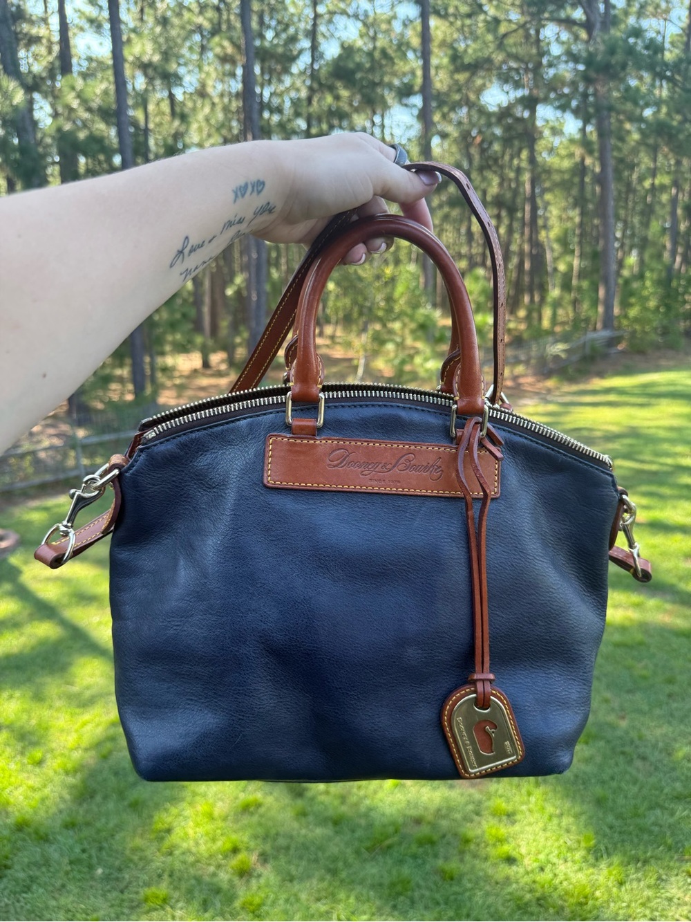 Dooney & Bourke Navy and Brown Leather Satchel